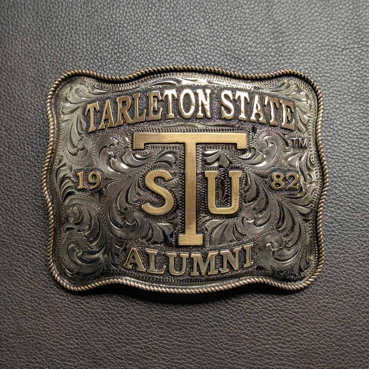 Tarleton State University Belt Buckle Design | Custom Western Belt Buckle | CIRCE Collections Local Custom Belt Buckle Maker | Tarleton Texan Belt Buckle