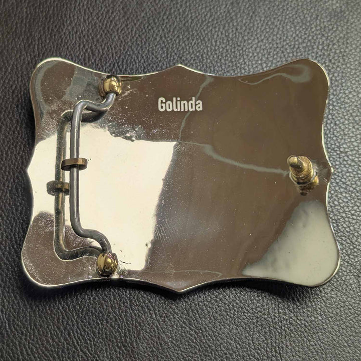 This is the back of a Tarleton State University belt buckle featuring bronze and copper words and accents.