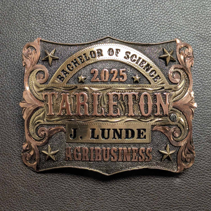 Tarleton State University Belt Buckle Design | Custom Western Belt Buckle | CIRCE Collections Local Custom Belt Buckle Maker | Tarleton Texan Belt Buckle