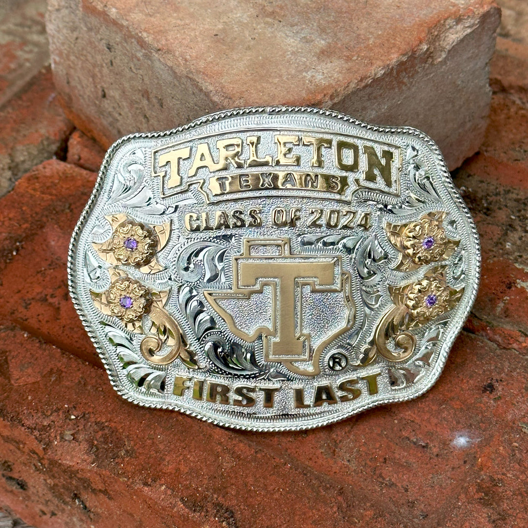 Tarleton State University Belt Buckle Design | Custom Western Belt Buckle | CIRCE Collections Local Custom Belt Buckle Maker | Tarleton Texan Belt Buckle
