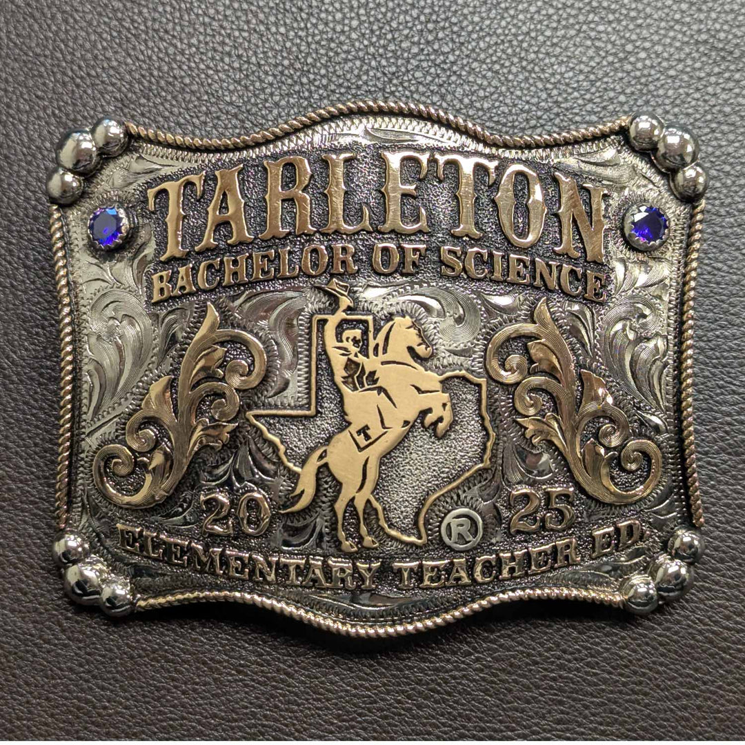 Tarleton State University Belt Buckle Design | Custom Western Belt Buckle | CIRCE Collections Local Custom Belt Buckle Maker | Tarleton Texan Belt Buckle