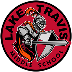 Lake Travis Middle School logo with knight inside of a red circle.