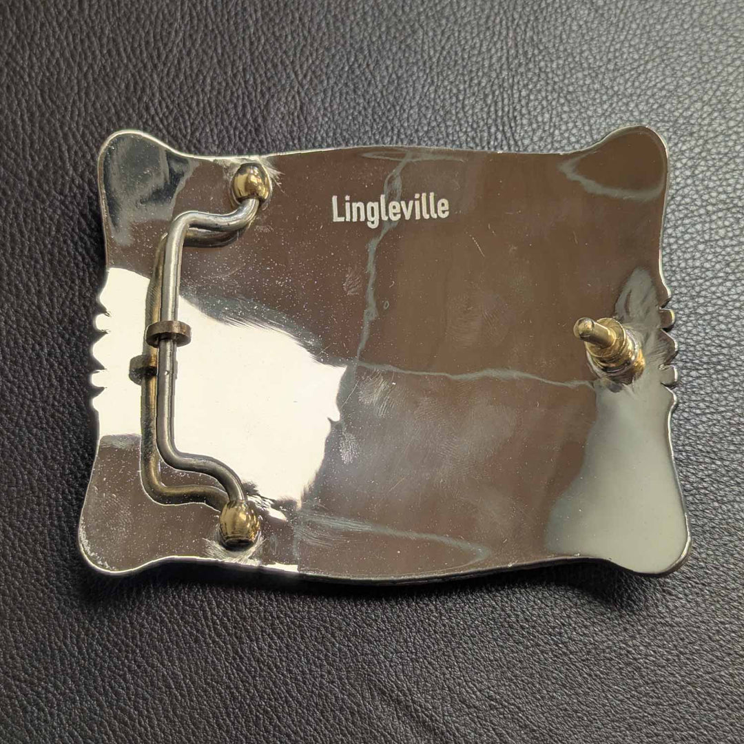 This is the back of a Tarleton State University belt buckle featuring the Power T logo. Crafted in German silver with bronze words and accents.