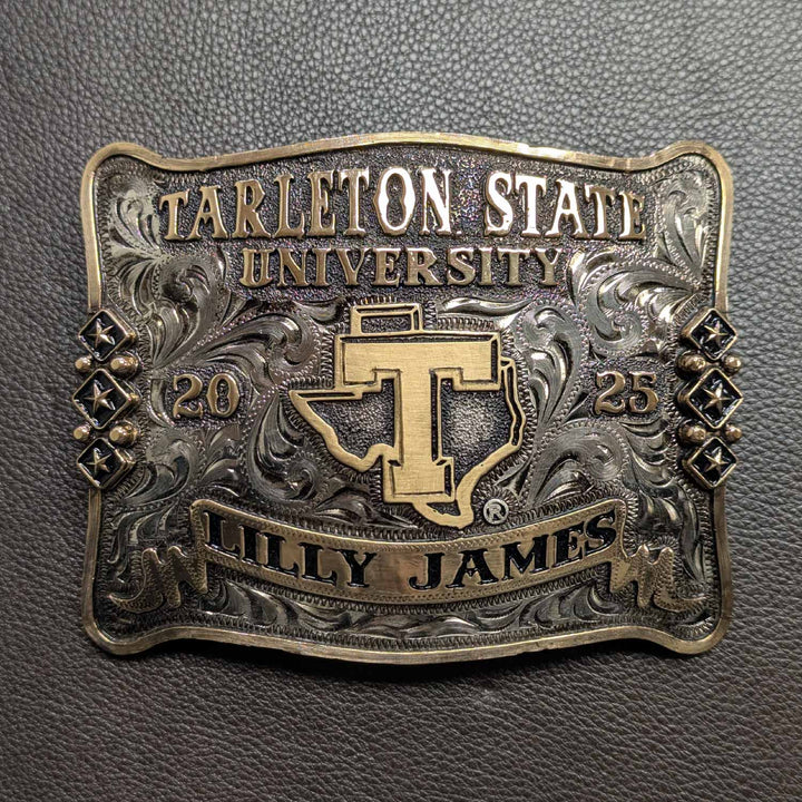 Tarleton State University Belt Buckle Design | Custom Western Belt Buckle | CIRCE Collections Local Custom Belt Buckle Maker | Tarleton Texan Belt Buckle