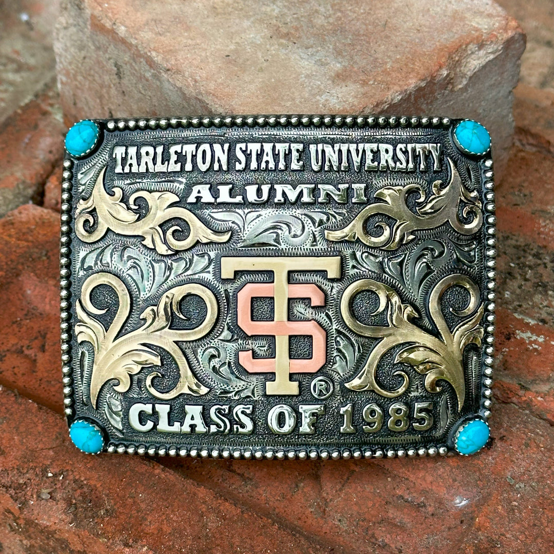 Tarleton State University Belt Buckle Design | Custom Western Belt Buckle | CIRCE Collections Local Custom Belt Buckle Maker | Tarleton Texan Belt Buckle