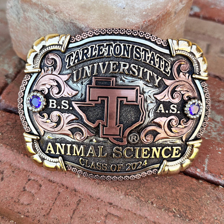 Tarleton State University Belt Buckle Design | Custom Western Belt Buckle | CIRCE Collections Local Custom Belt Buckle Maker | Tarleton Texan Belt Buckle