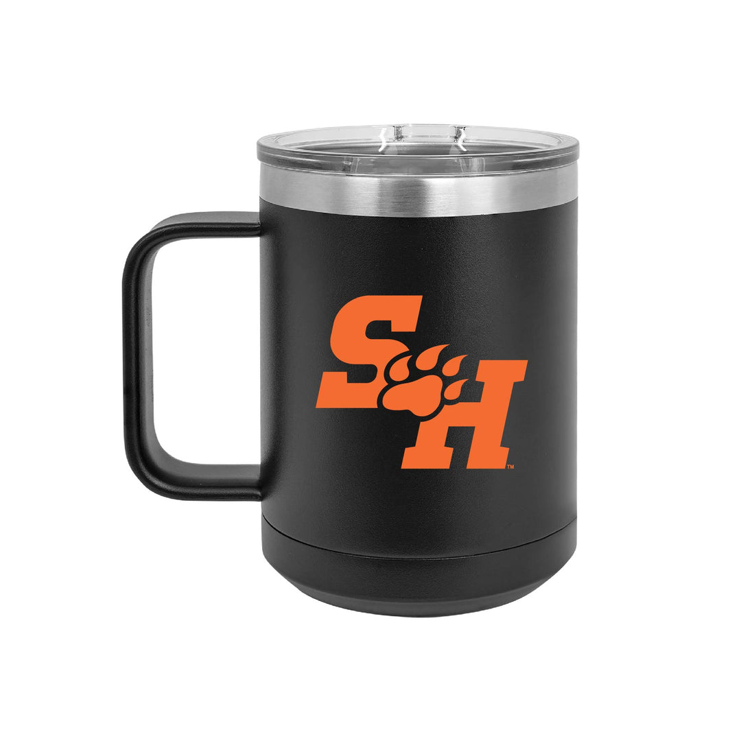 This is a stainless steel insulated coffee cup. It features the Sam Houston SH Paw logo. This cup is black.