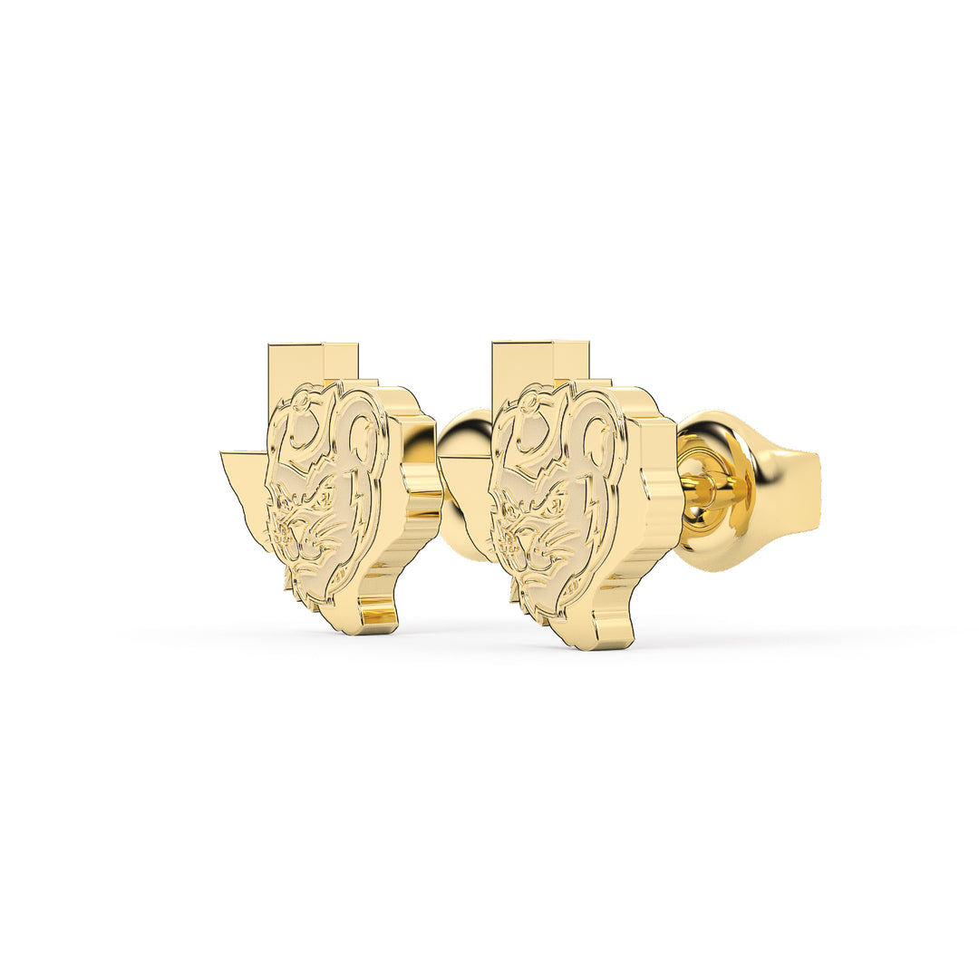 These are Sam Houston State University stud earrings featuring Sammys head inside the state of Texas. Made in yellow stainless view 2.