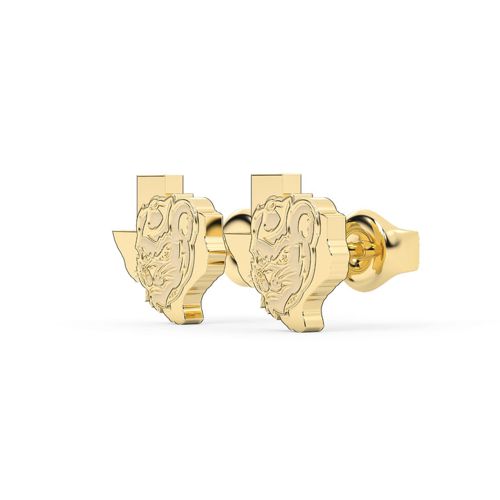 These are Sam Houston State University stud earrings featuring Sammys head inside the state of Texas. Made in yellow stainless view 2.