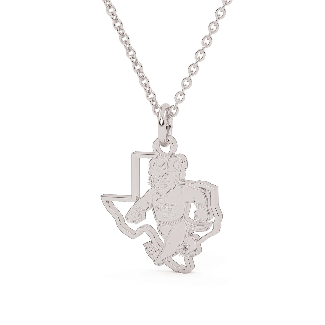This is a Sam Houston State University pendant of Walking Sammy in the State of Texas made in white stainless steel.