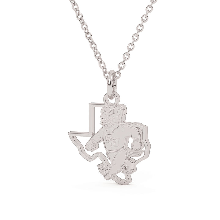 This is a Sam Houston State University pendant of Walking Sammy in the State of Texas made in white stainless steel.
