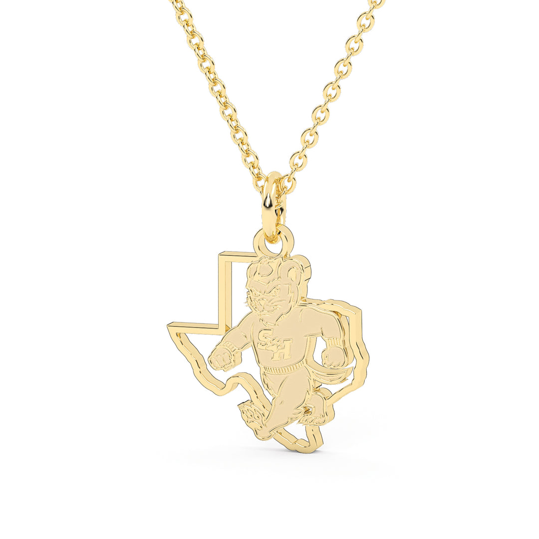 This is a Sam Houston State University pendant of Walking Sammy in the State of Texas made in yellow stainless steel.