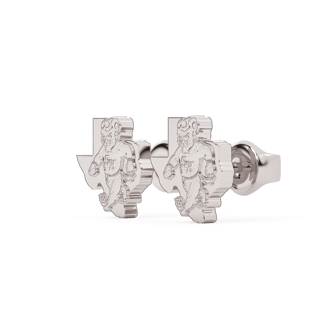 This is a stud earring for Sam Houston State University. It features Walking Sammy tucked into the State of Texas. Made in white stainless steel view 2.
