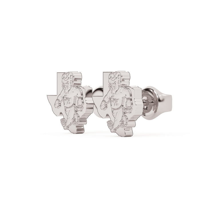 This is a stud earring for Sam Houston State University. It features Walking Sammy tucked into the State of Texas. Made in white stainless steel view 2.