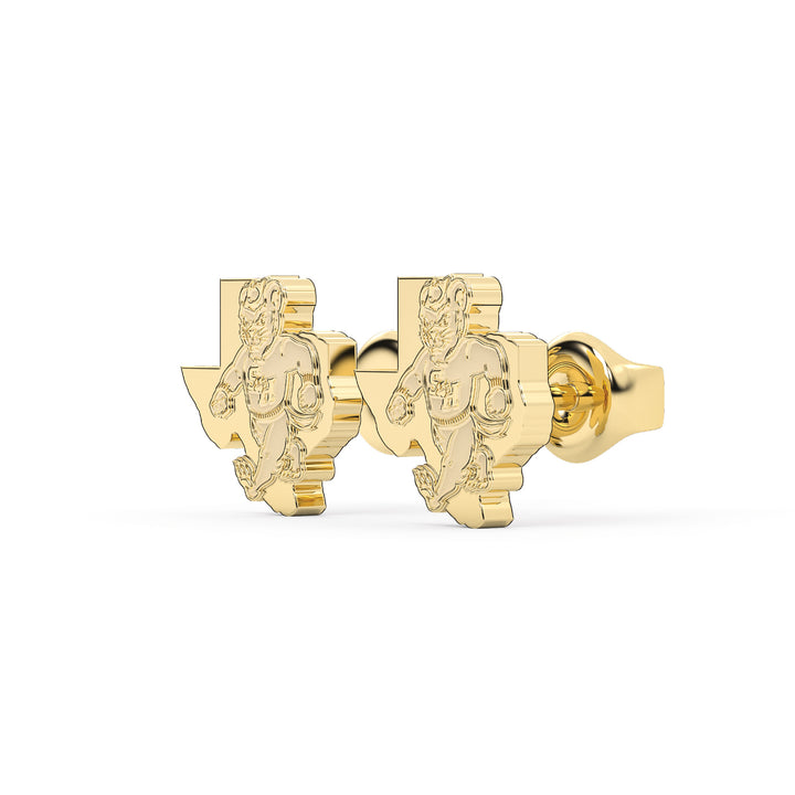 This is a stud earring for Sam Houston State University. It features Walking Sammy tucked into the State of Texas. Made in yellow stainless steel view 2.