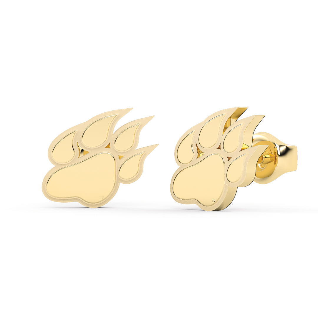 These are stud earrings for Sam Houston state University. They feature the Bearkat Paw in yellow stainless. View 1.