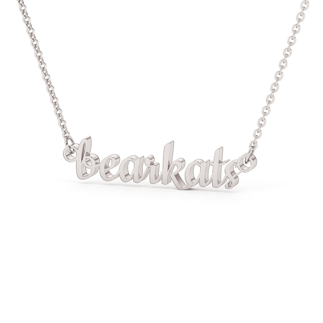 This is a Sam Houston state University necklace featuring the word bearkats in a script font. Made in white stainless steel.
