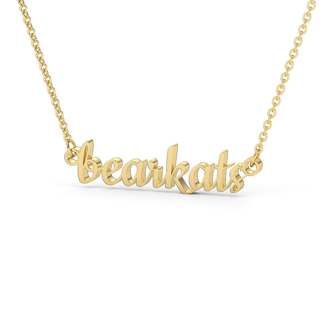 This is a Sam Houston state University necklace featuring the word bearkats in a script font. Made in yellow stainless steel.
