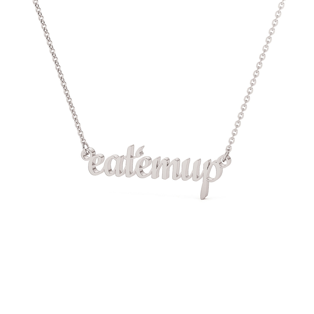 This is a Sam Houston state University necklace featuring the words Eat 'Em Up in a script font. Made in white stainless steel.