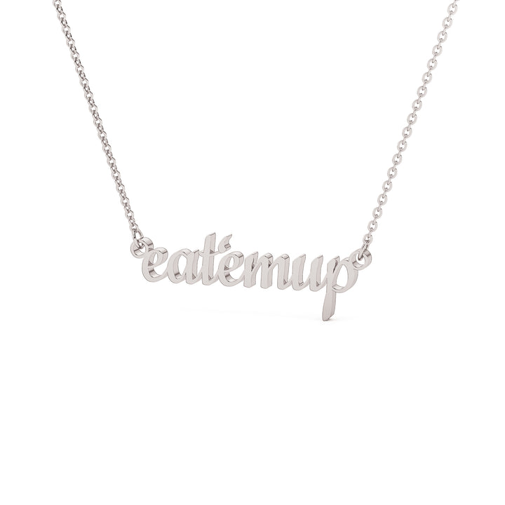 This is a Sam Houston state University necklace featuring the words Eat 'Em Up in a script font. Made in white stainless steel.
