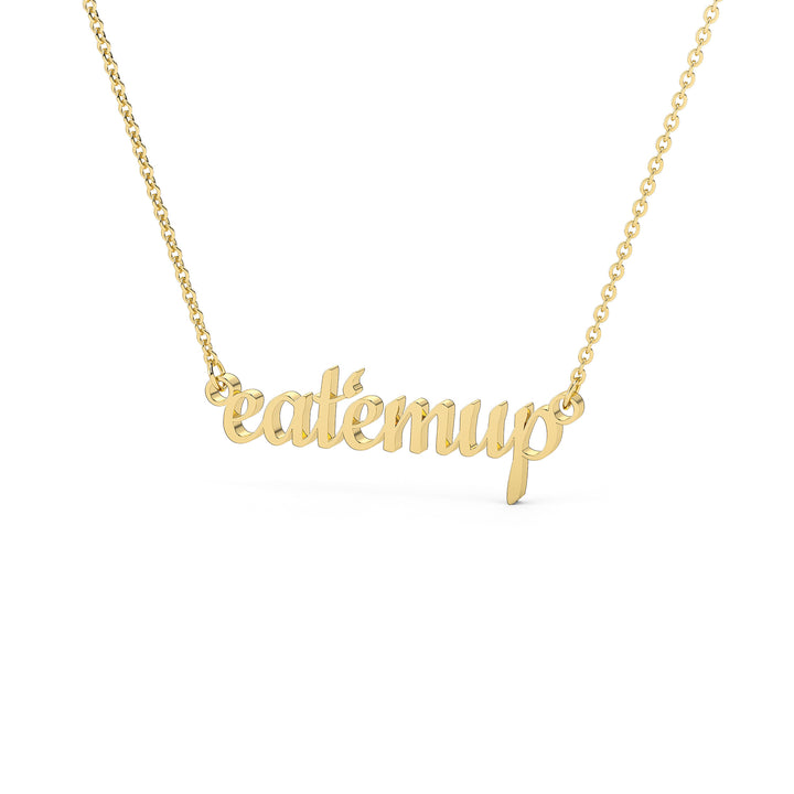 This is a Sam Houston state University necklace featuring the words Eat 'Em Up in a script font. Made in yellow stainless steel.