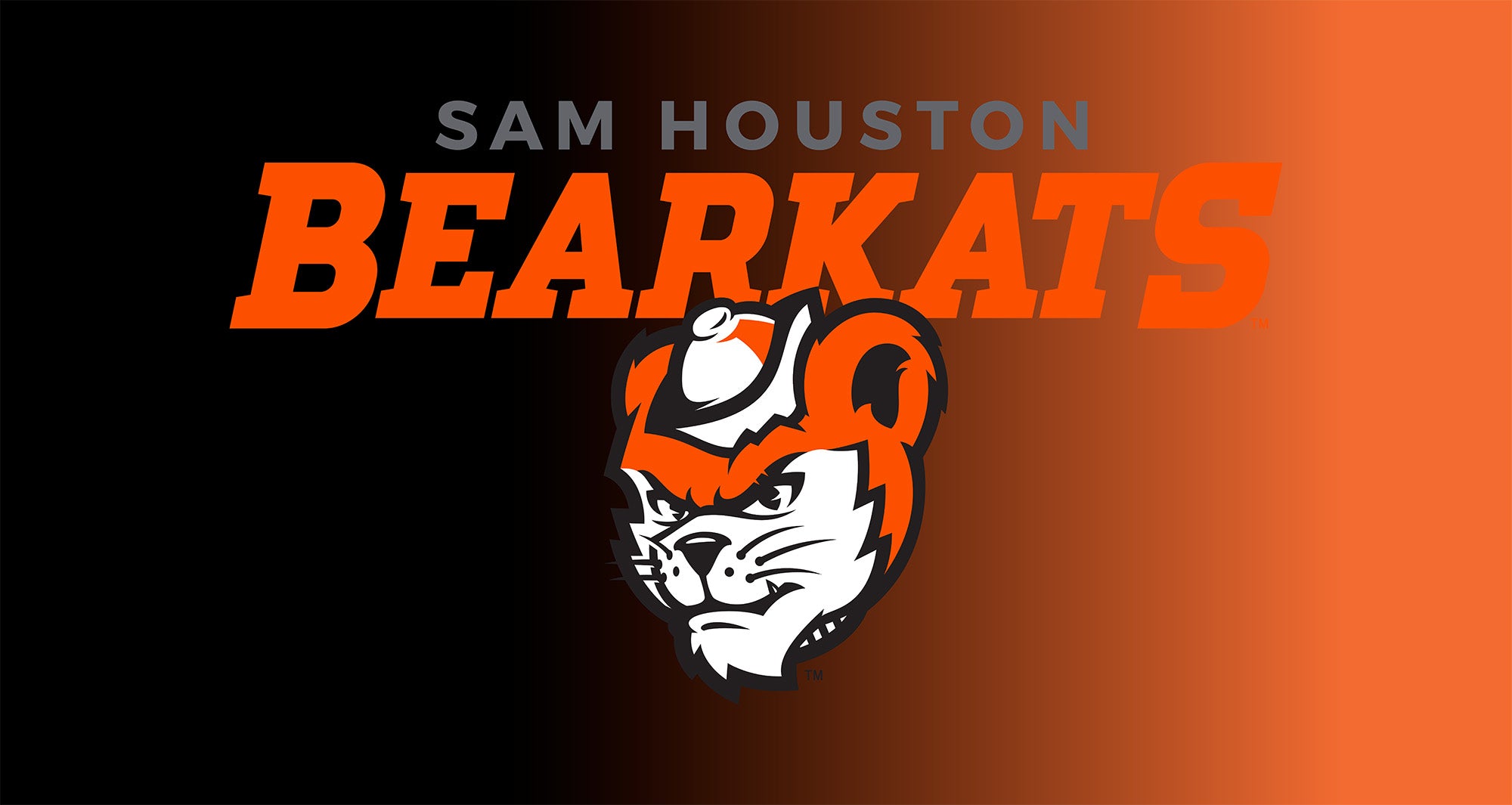 Web page banner with the Sam Houston Bearkats logo on a gradient orange and black background.