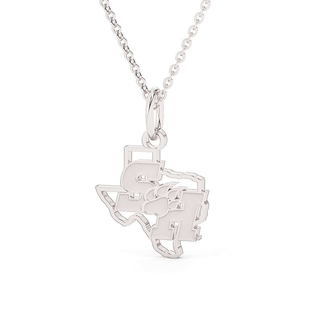 This is a Sam Houston State University pendant featuring the SH Paw logo set into the state of Texas. Made in white stainless steel.