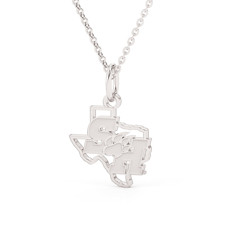 This is a Sam Houston State University pendant featuring the SH Paw logo set into the state of Texas. Made in white stainless steel.