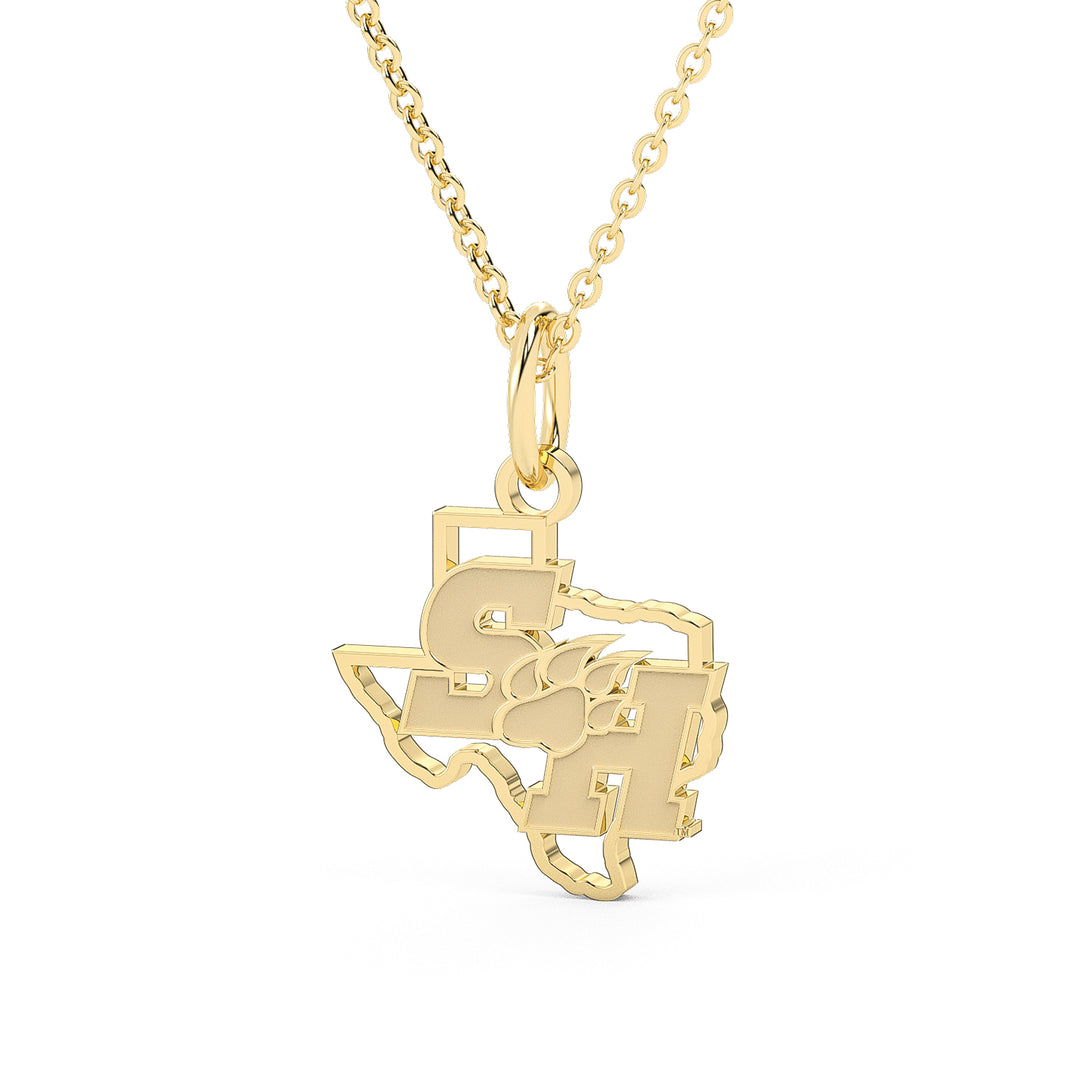 This is a Sam Houston State University pendant featuring the SH Paw logo set into the state of Texas. Made in yellow stainless steel.