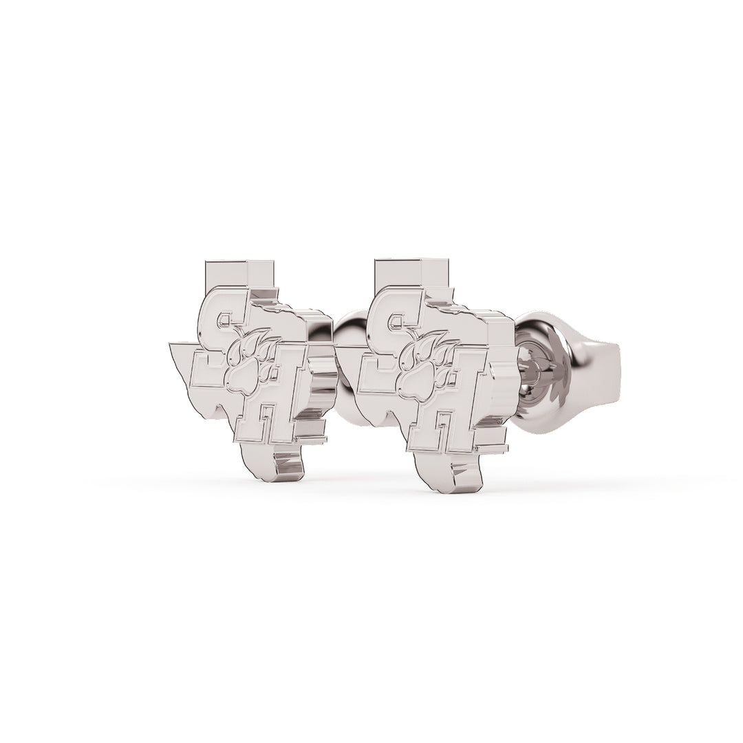 This is a stud earring for Sam Houston State University. It features the SH Paw logo inside the state of Texas. Made in white stainless steel view 2.