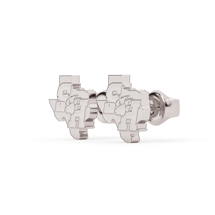 This is a stud earring for Sam Houston State University. It features the SH Paw logo inside the state of Texas. Made in white stainless steel view 2.