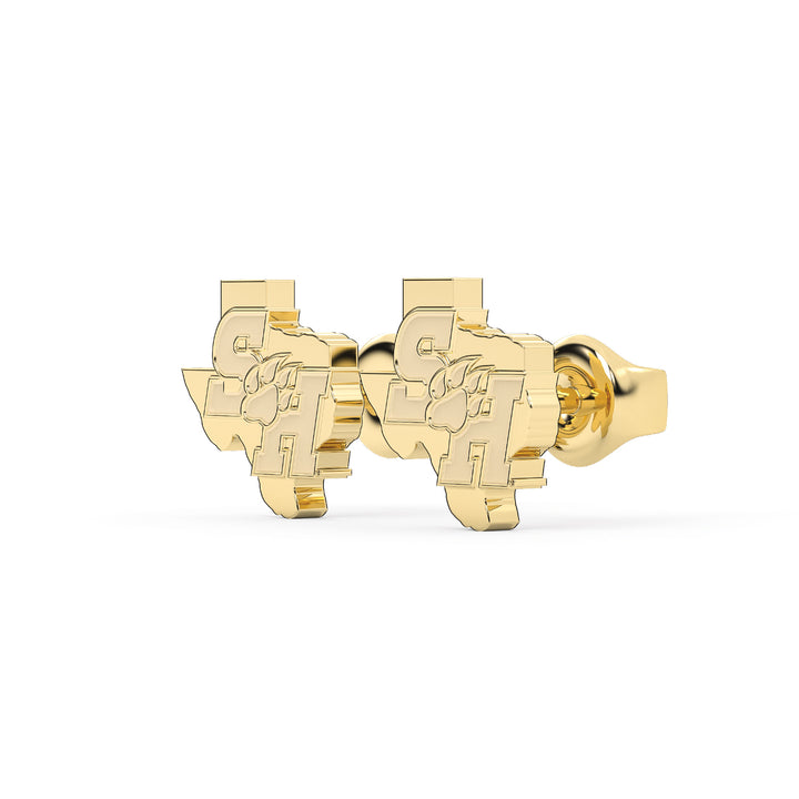 This is a stud earring for Sam Houston State University. It features the SH Paw logo inside the state of Texas. Made in yellow stainless steel view 2.