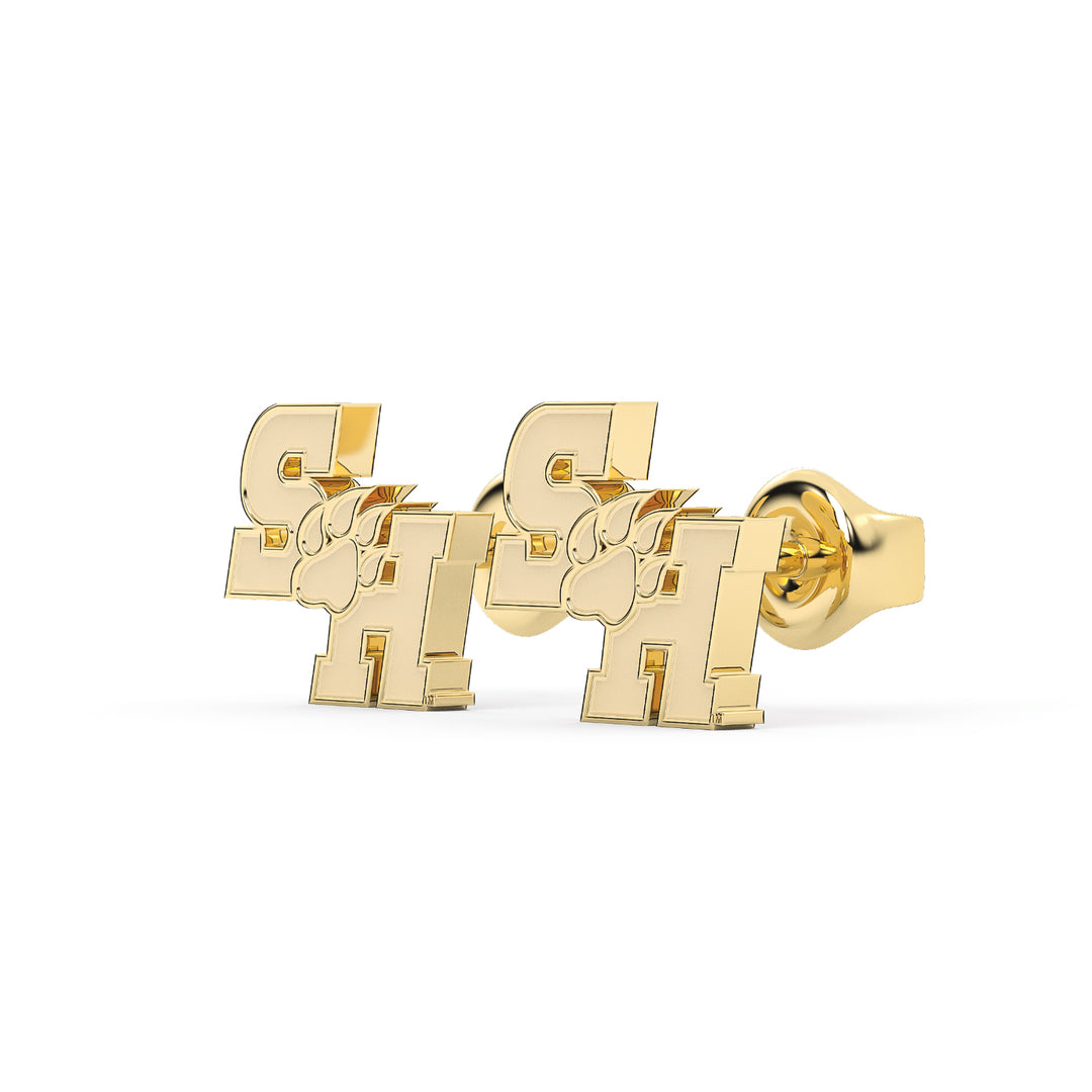 These are stud earring for Sam Houston State University. They feature the SH Paw logo made in yellow stainless. View 12.