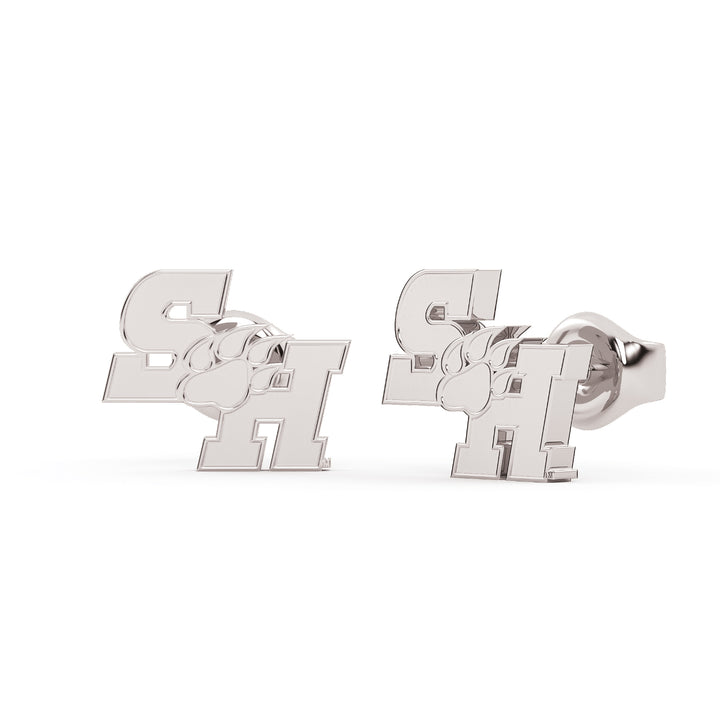 These are stud earring for Sam Houston State University. They feature the SH Paw logo made in white stainless. View 1.