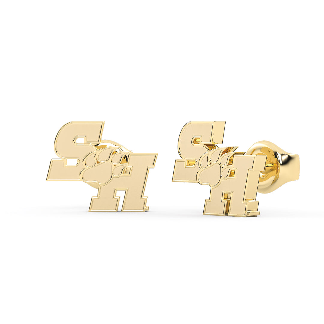These are stud earring for Sam Houston State University. They feature the SH Paw logo made in yellow stainless. View 1.