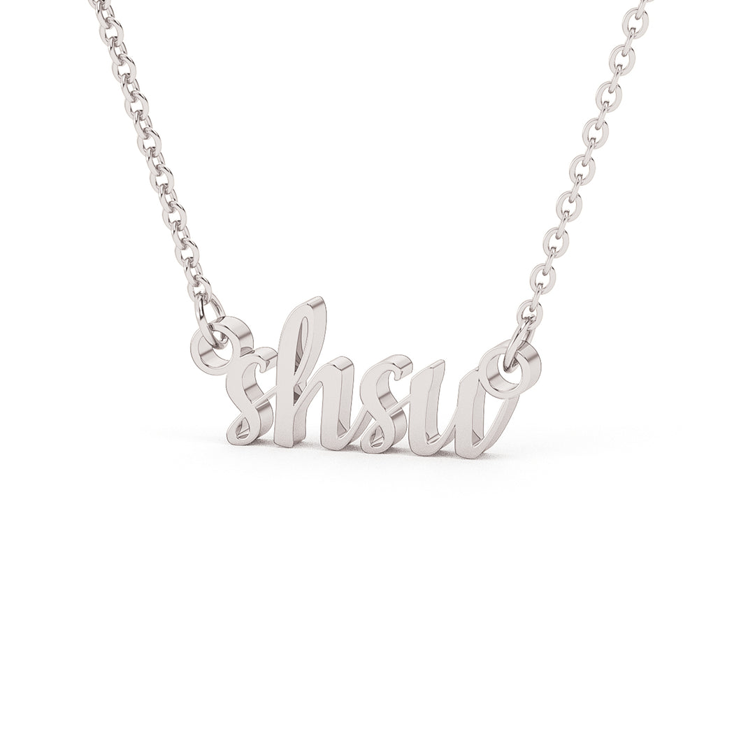 This is a Sam Houston State University pendant made from the letters SHSU in a script font. Made in white stainless.