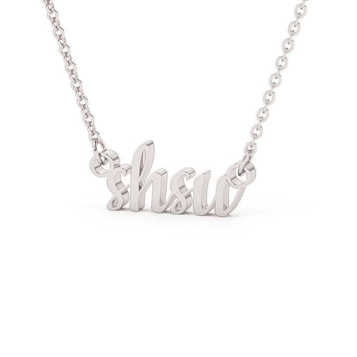 This is a Sam Houston State University pendant made from the letters SHSU in a script font. Made in white stainless.
