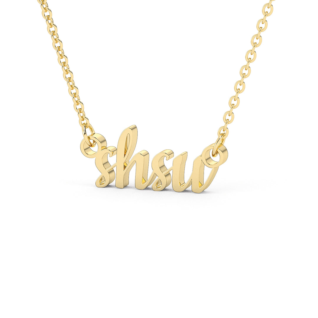 This is a Sam Houston State University pendant made from the letters SHSU in a script font. Made in yellow stainless.