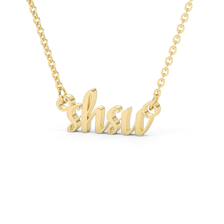 This is a Sam Houston State University pendant made from the letters SHSU in a script font. Made in yellow stainless.