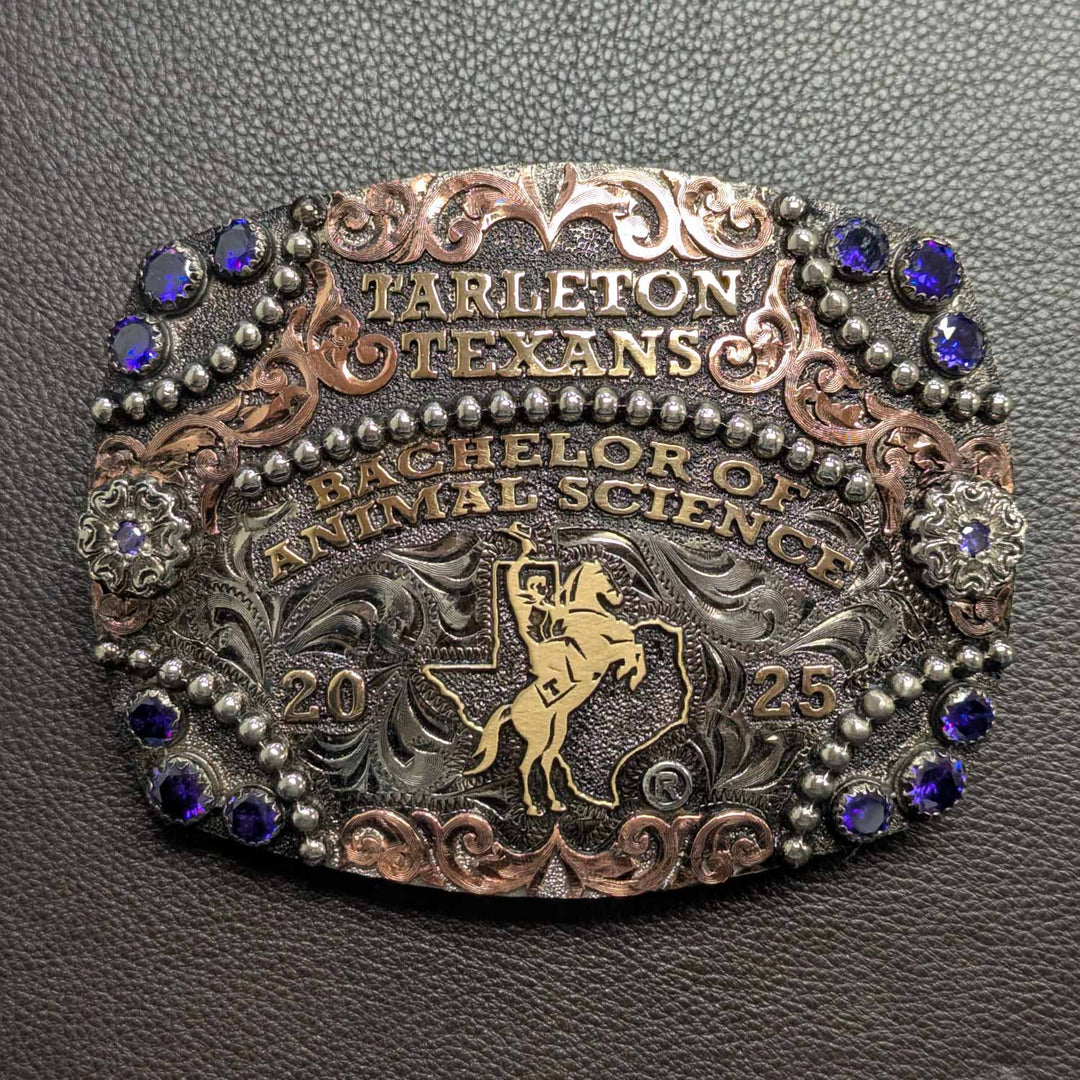 Tarleton State University Belt Buckle Design | Custom Western Belt Buckle | CIRCE Collections Local Custom Belt Buckle Maker | Tarleton Texan Belt Buckle