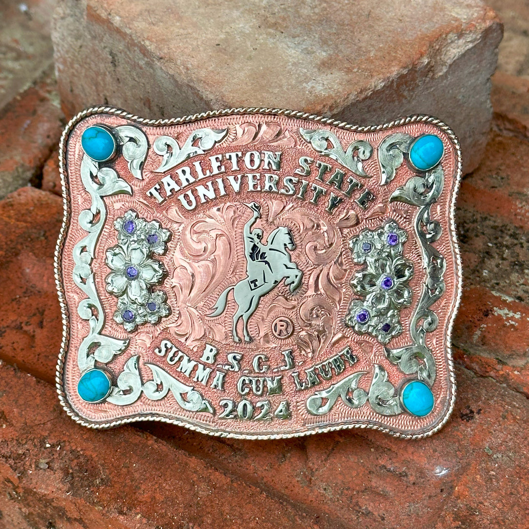 Tarleton State University Belt Buckle Design | Custom Western Belt Buckle | CIRCE Collections Local Custom Belt Buckle Maker | Tarleton Texan Belt Buckle
