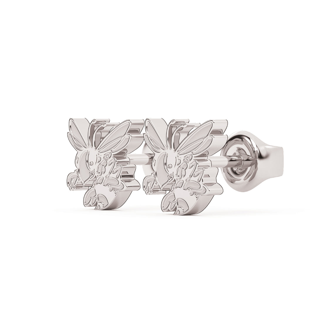 These are stud earrings made from the Stephenville ISD honeybee logo. White stainless view 1.