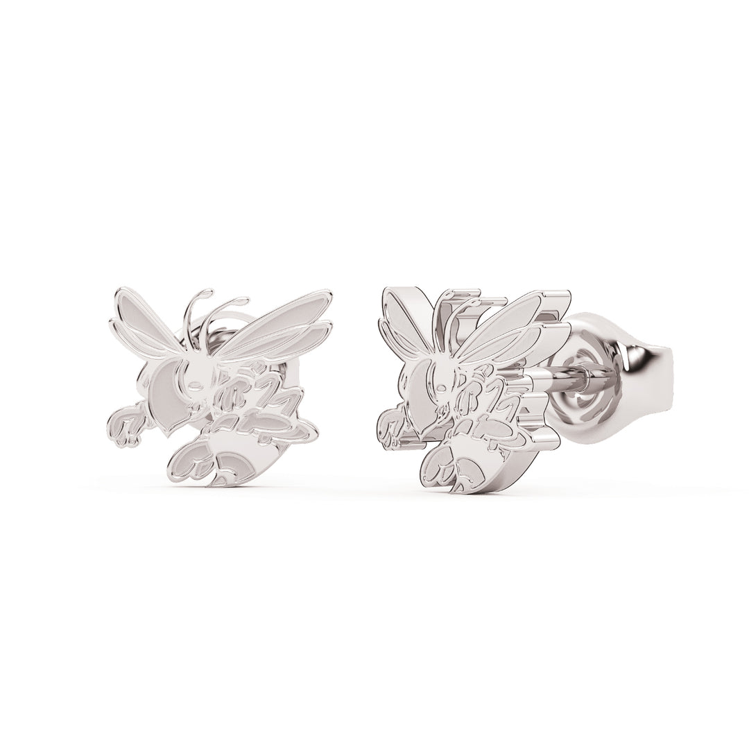 These are stud earrings made from the Stephenville ISD honeybee logo. White stainless view 2.