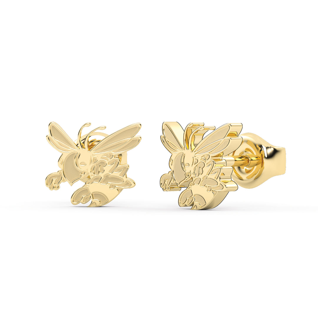 These are stud earrings made from the Stephenville ISD honeybee logo. Yellow stainless view 2.