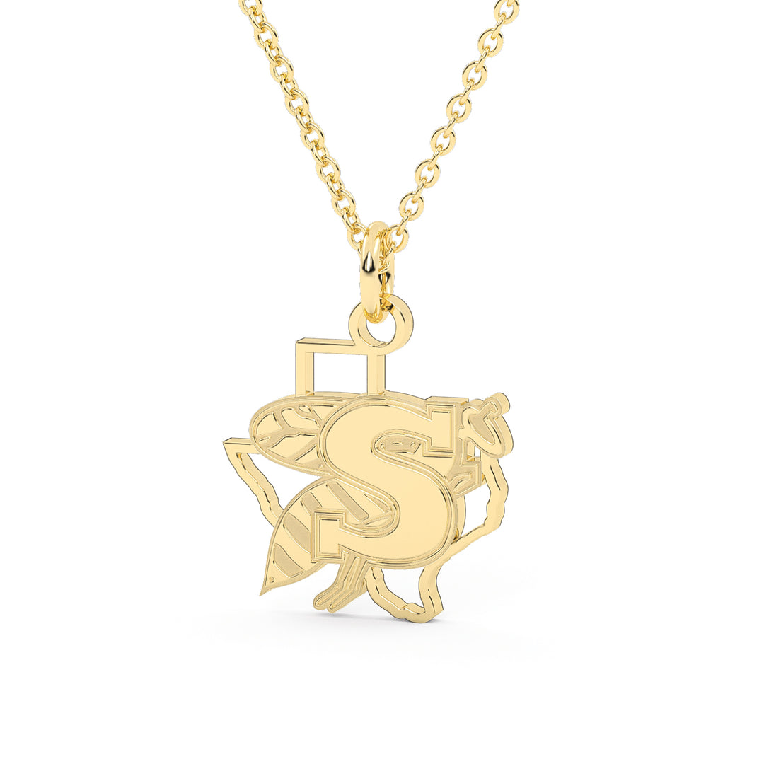 This is a Stephenville ISD Yellowjacket in Texas pendant made in stainless steel in a gold color.
