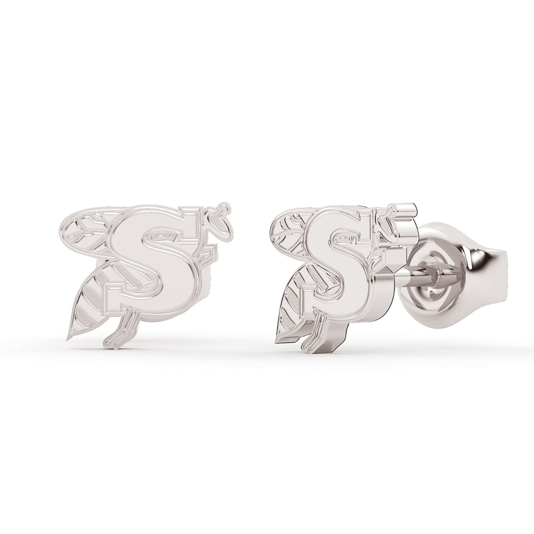 These are stud earrings made from the Stephenville ISD yellow jackets logo. White stainless view 1.