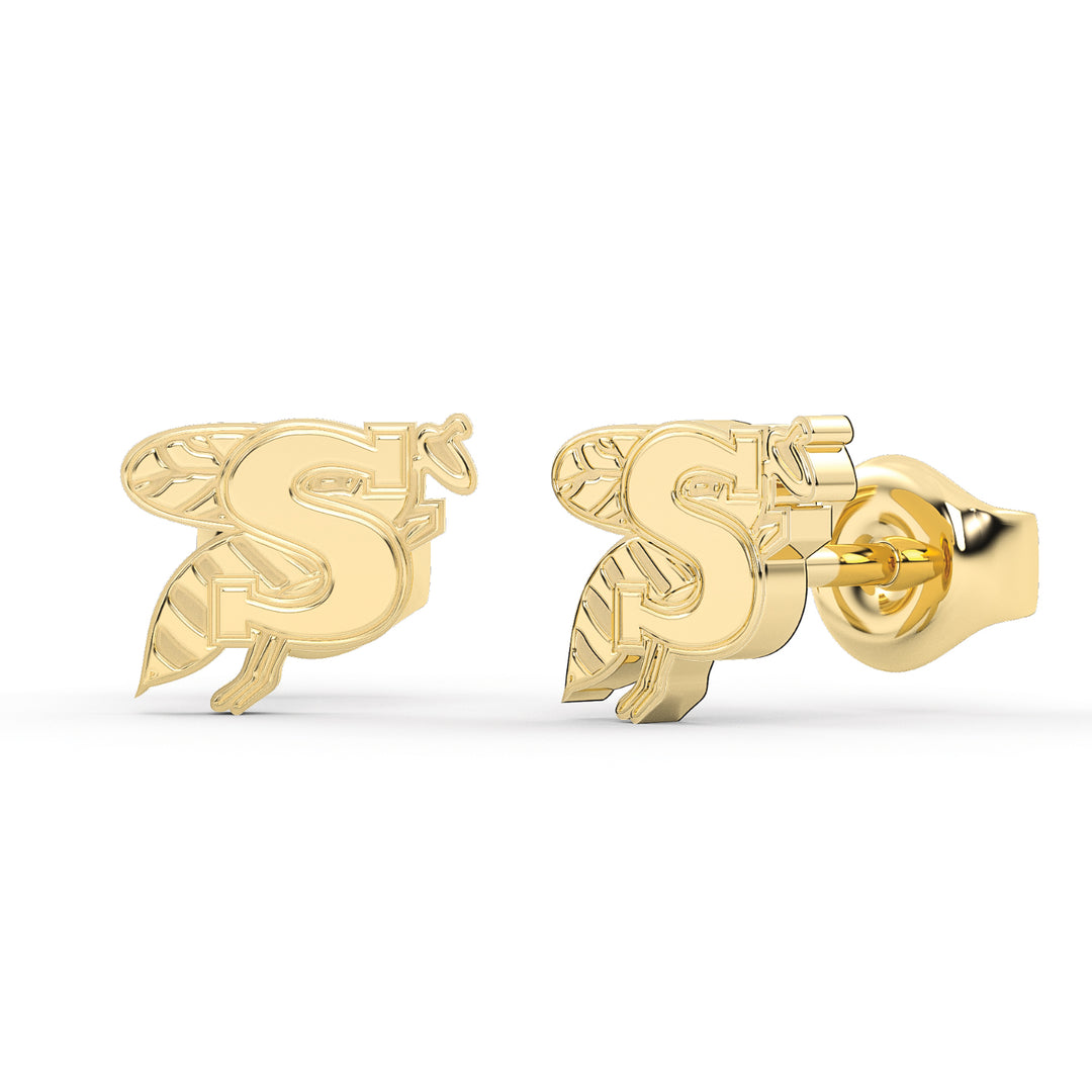 These are stud earrings made from the Stephenville ISD yellow jackets logo. Yellow stainless view 1.