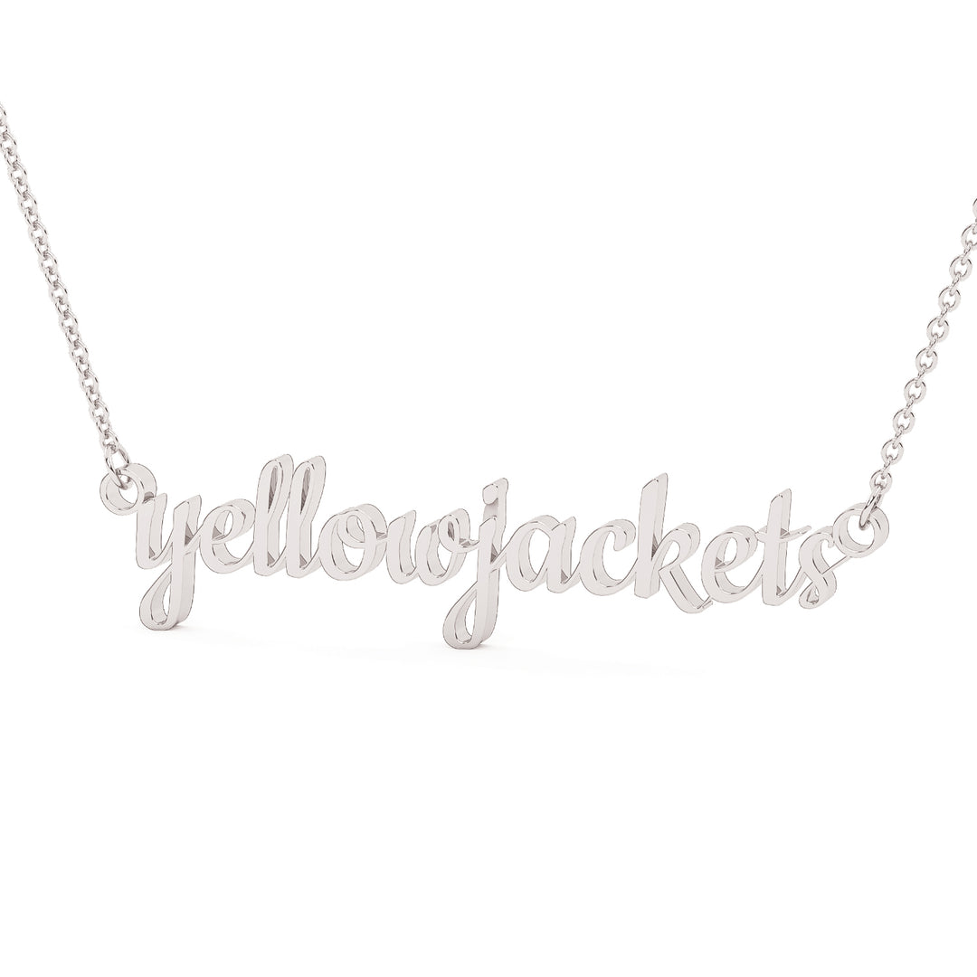 This is a Stephenville ISD pendant made from the word yellowjackets in a script font made in stainless steel in a white gold color.