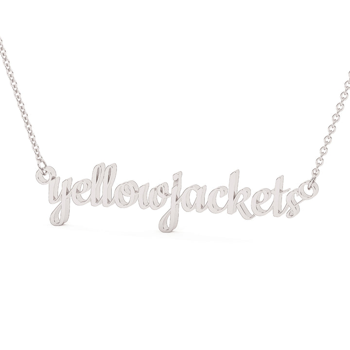 This is a Stephenville ISD pendant made from the word yellowjackets in a script font made in stainless steel in a white gold color.