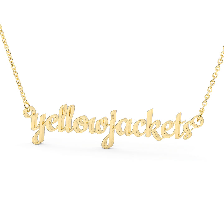 This is a Stephenville ISD pendant made from the word yellowjackets in a script font made in stainless steel in a gold color.